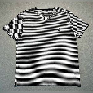 Nautica Men’s Large Blue White Striped T-Shirt V-Neck Cotton Sailing Casual